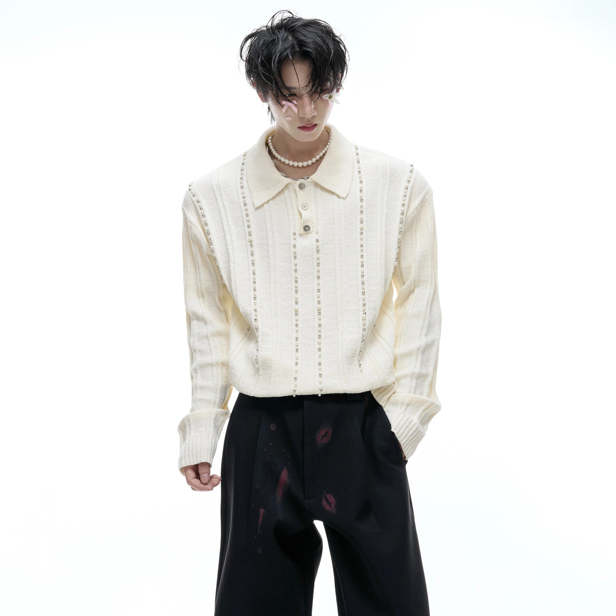 Slim fit white ribbed knit polo with pearl and rivet details