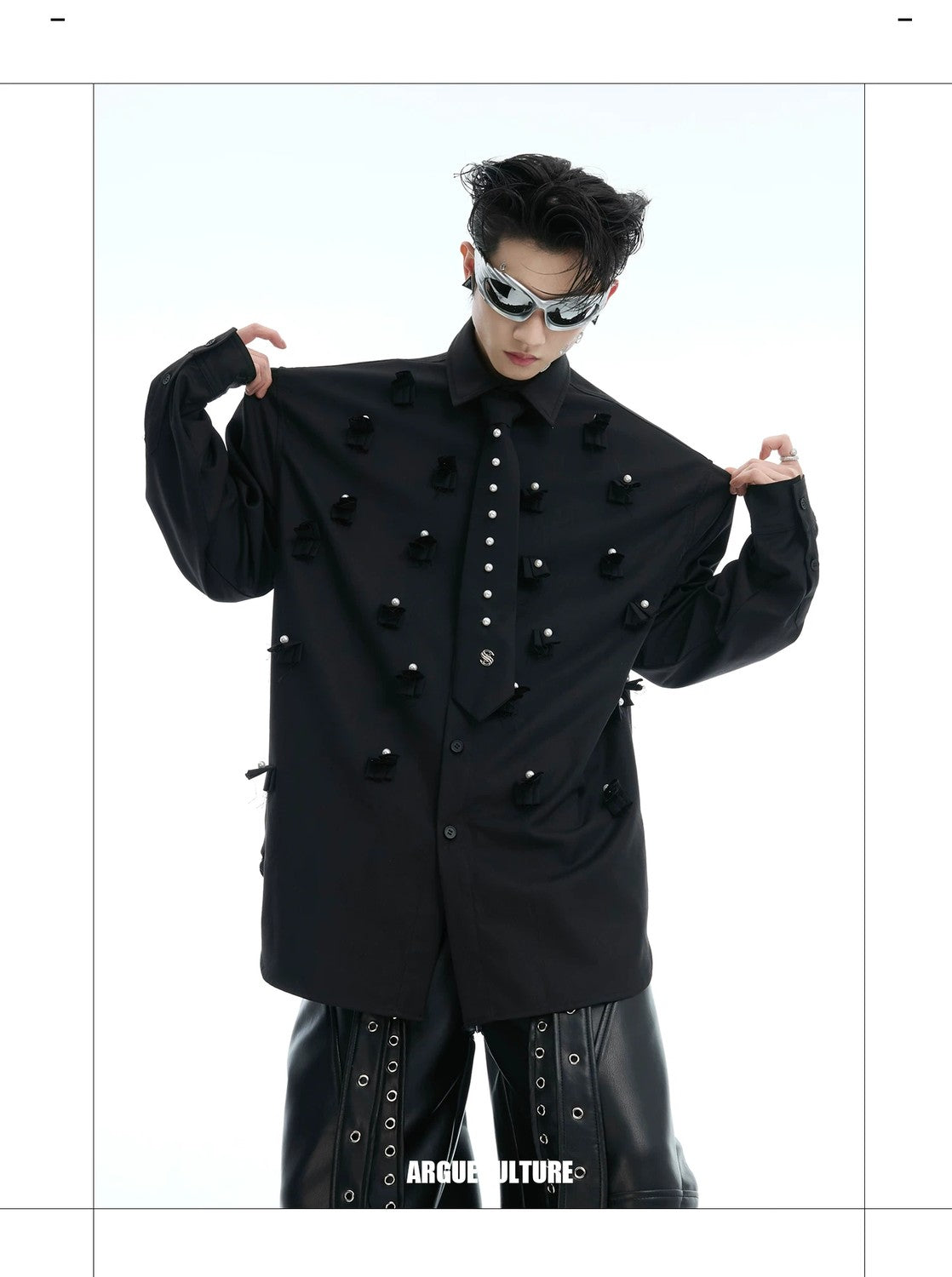 desc::pearl-tie-patchwork-shoulder-pad-shirt-oversized-detail-img-1