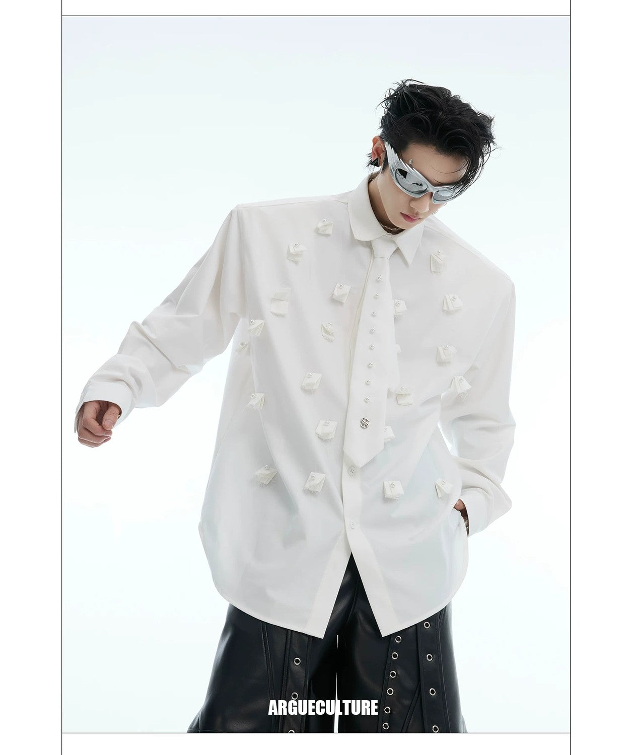 desc::pearl-tie-patchwork-shoulder-pad-shirt-oversized-detail-img-10