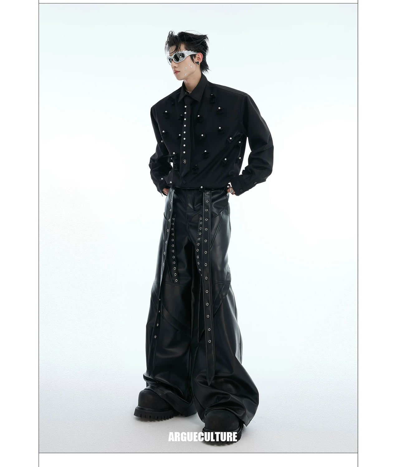 desc::pearl-tie-patchwork-shoulder-pad-shirt-oversized-detail-img-2