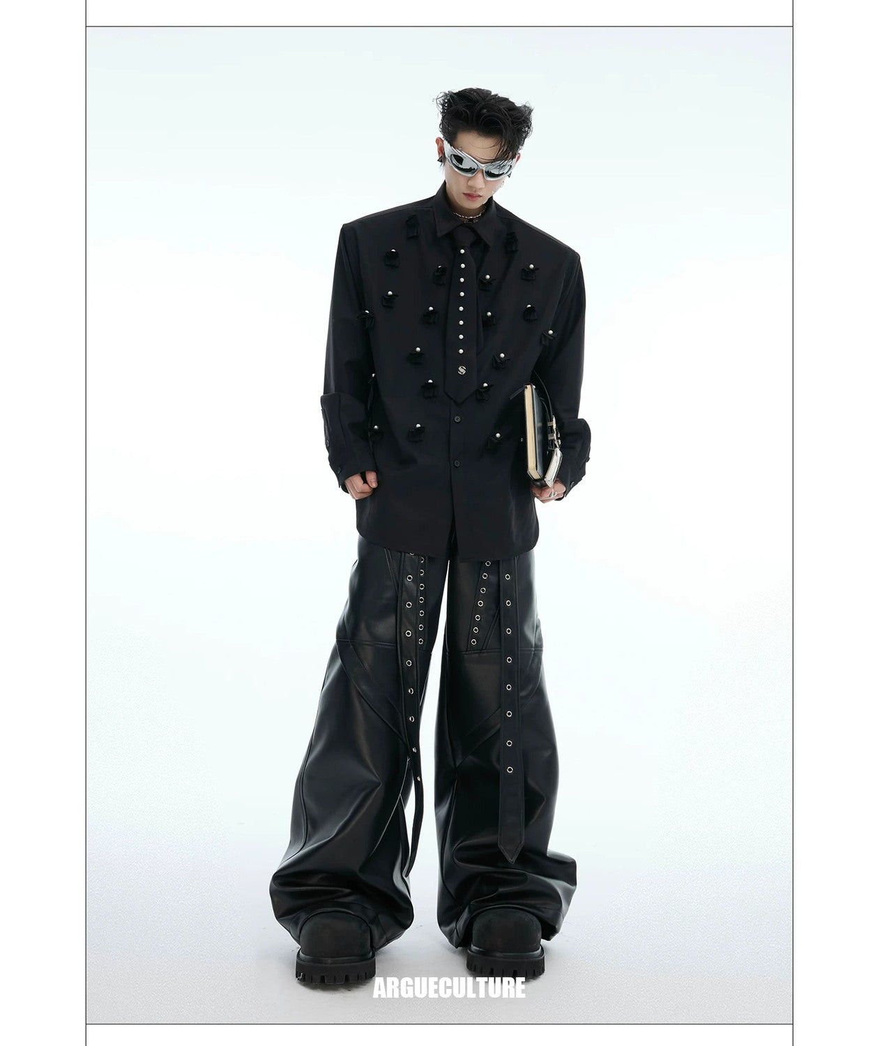 desc::pearl-tie-patchwork-shoulder-pad-shirt-oversized-detail-img-4