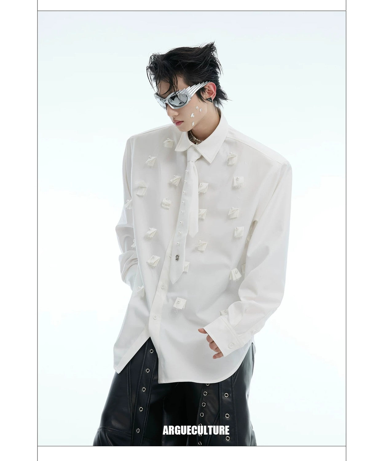 desc::pearl-tie-patchwork-shoulder-pad-shirt-oversized-detail-img-7