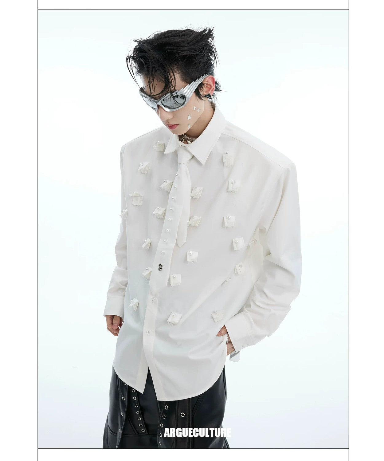 desc::pearl-tie-patchwork-shoulder-pad-shirt-oversized-detail-img-9