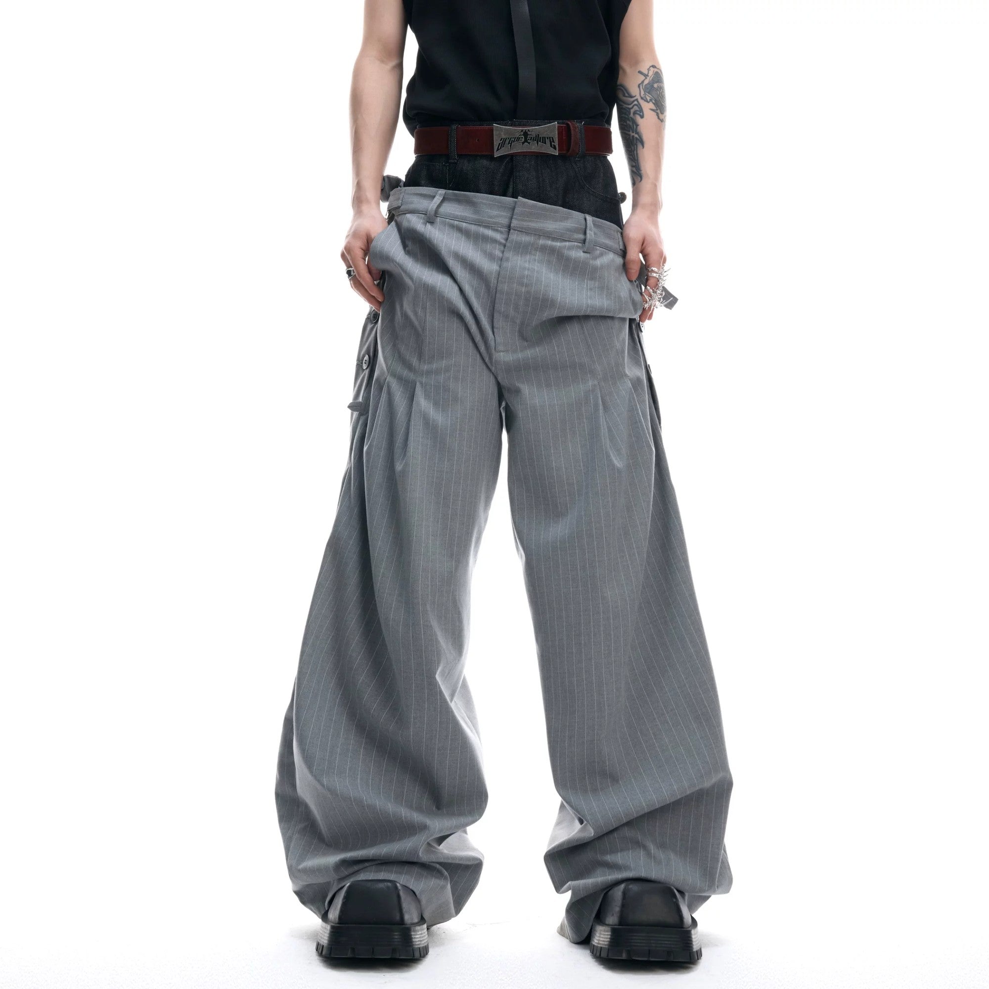 Detailed shot of the pinstripe and denim composite fabric texture