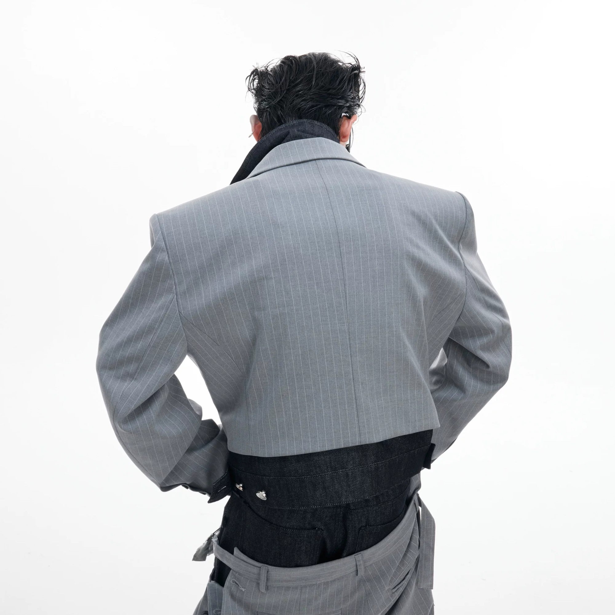 Full streetwear outfit featuring the deconstructed pinstripe and denim suit