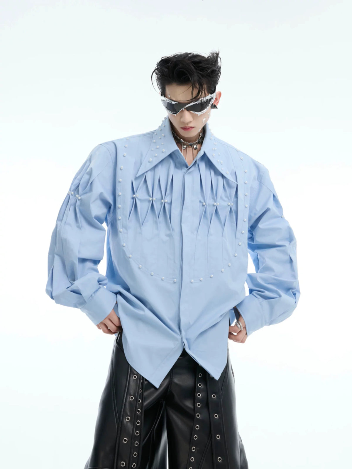 Pleated Pearl-Embellished Long-Sleeve Unisex Shirt - main image 2