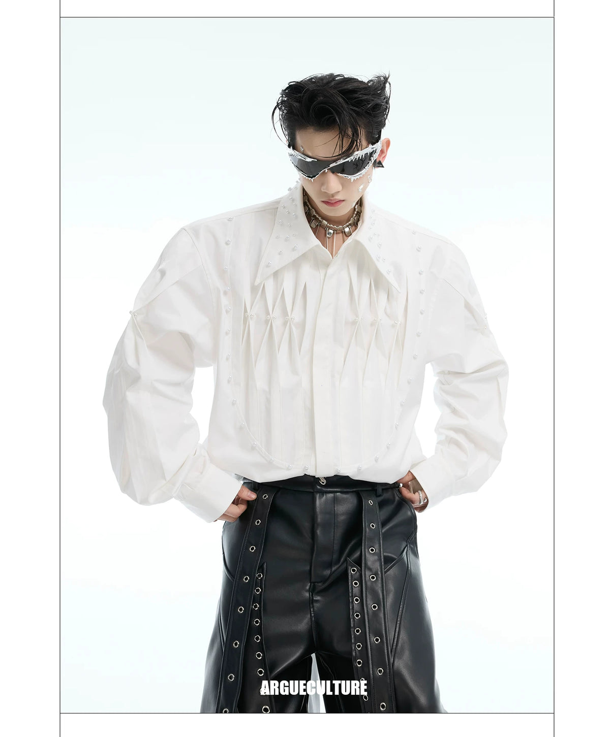 Pleated Pearl-Embellished Long-Sleeve Unisex Shirt - detail image 7