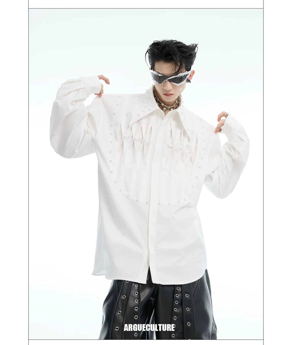 Pleated Pearl-Embellished Long-Sleeve Unisex Shirt - detail image 11