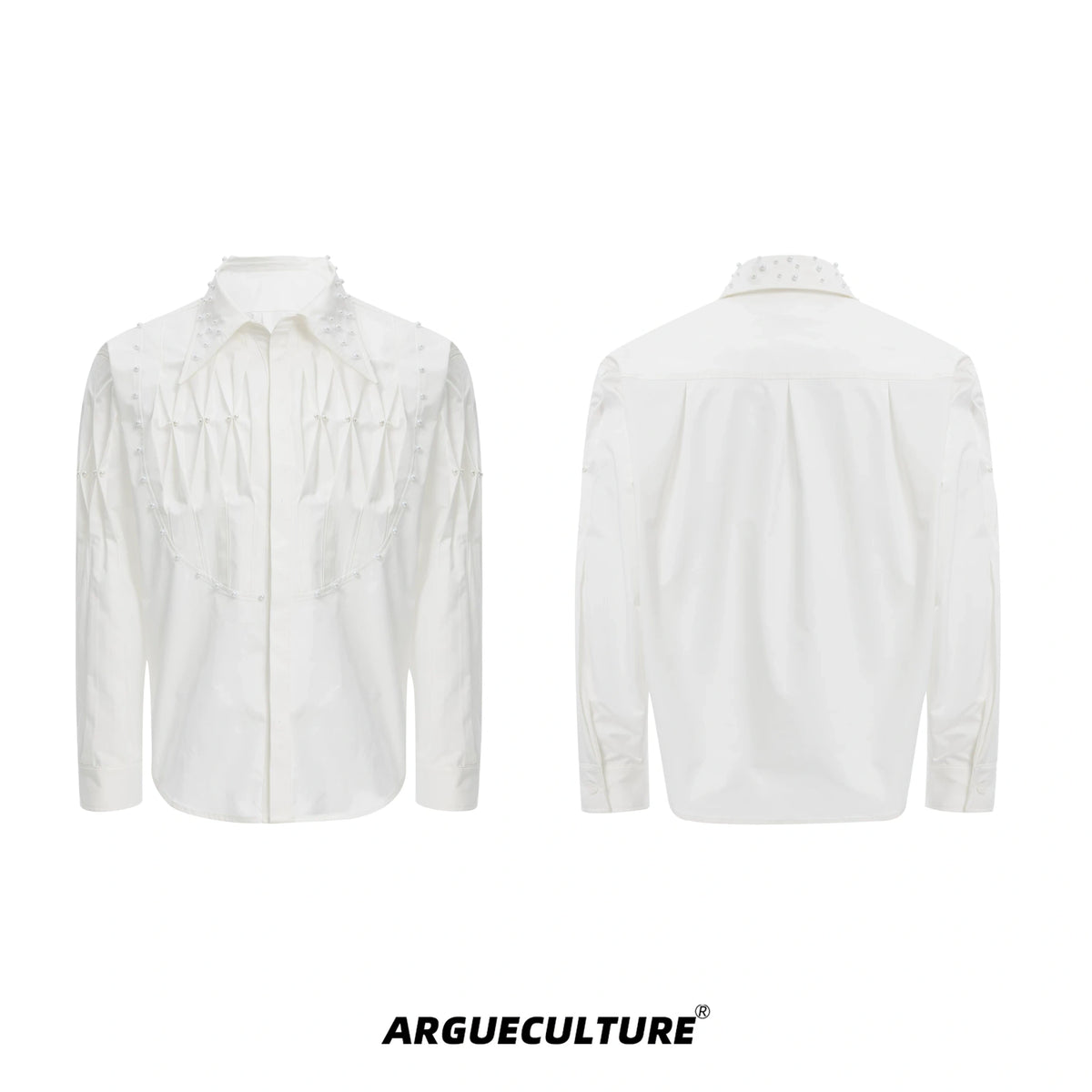 Pleated Pearl-Embellished Long-Sleeve Unisex Shirt - White