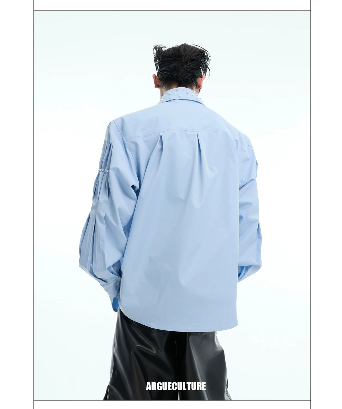 Pleated Pearl-Embellished Long-Sleeve Unisex Shirt - detail image 4