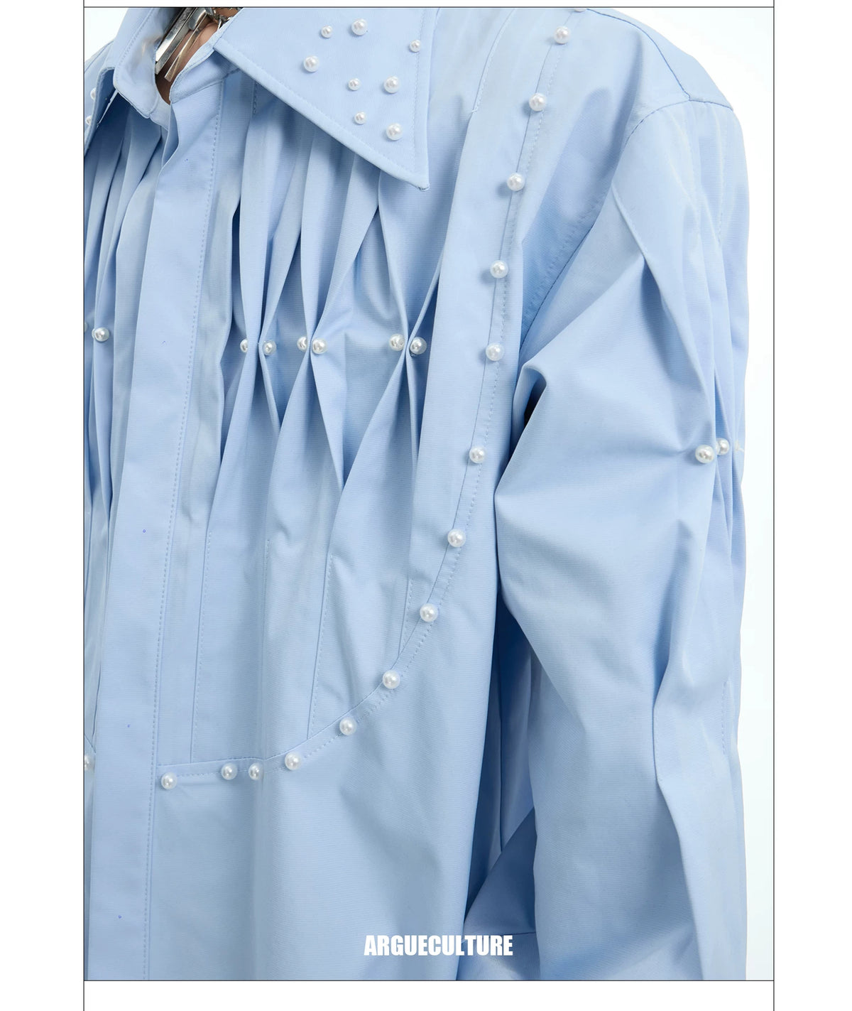 Pleated Pearl-Embellished Long-Sleeve Unisex Shirt - detail image 2