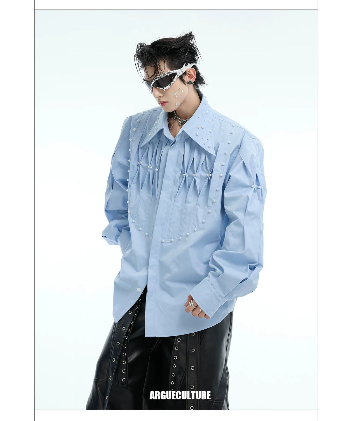 Pleated Pearl-Embellished Long-Sleeve Unisex Shirt - detail image 3