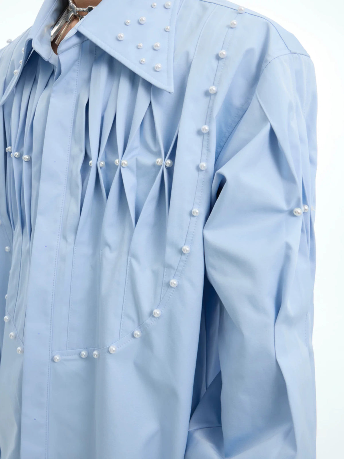 Pleated Pearl-Embellished Long-Sleeve Unisex Shirt - main image 5