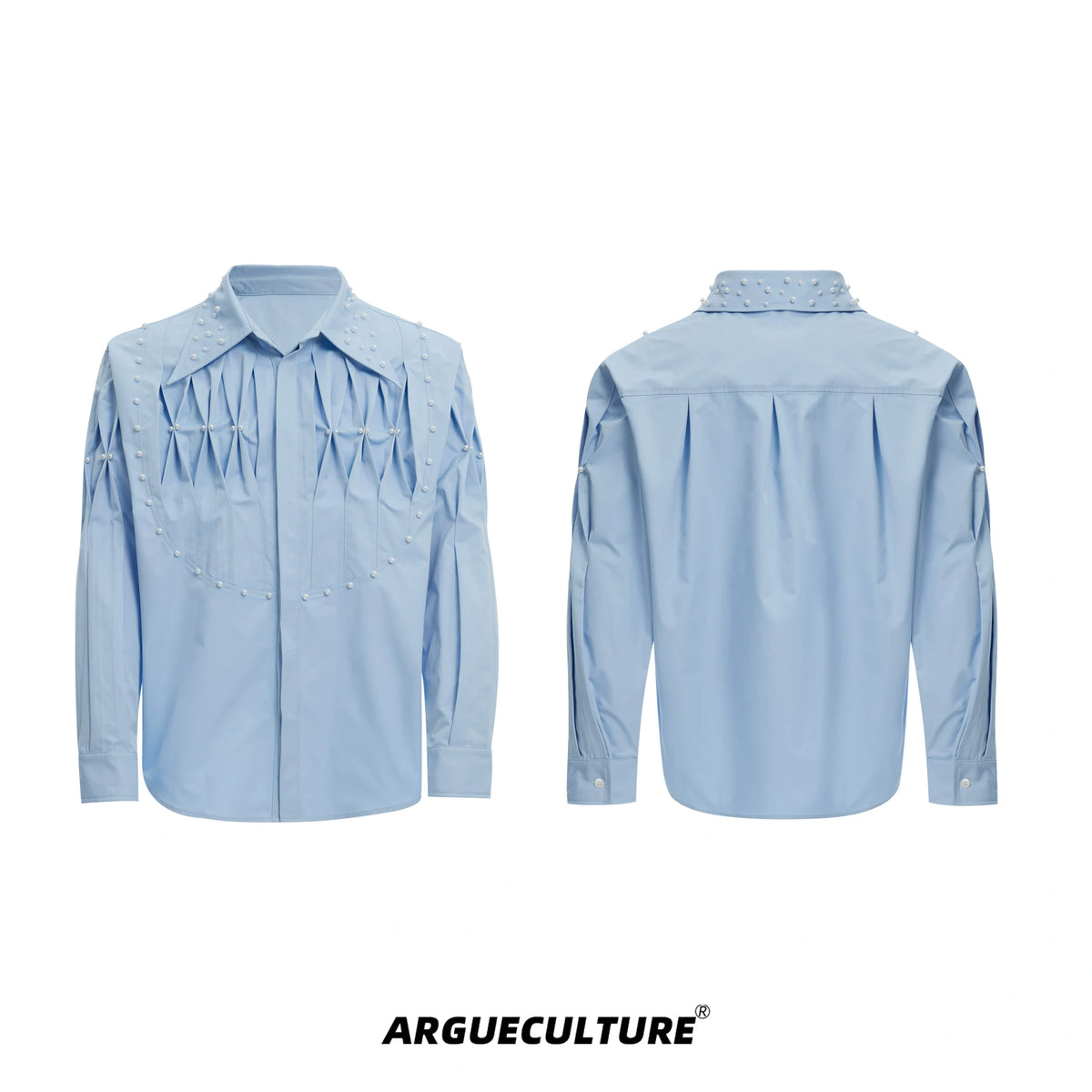 Pleated Pearl-Embellished Long-Sleeve Unisex Shirt - Blue