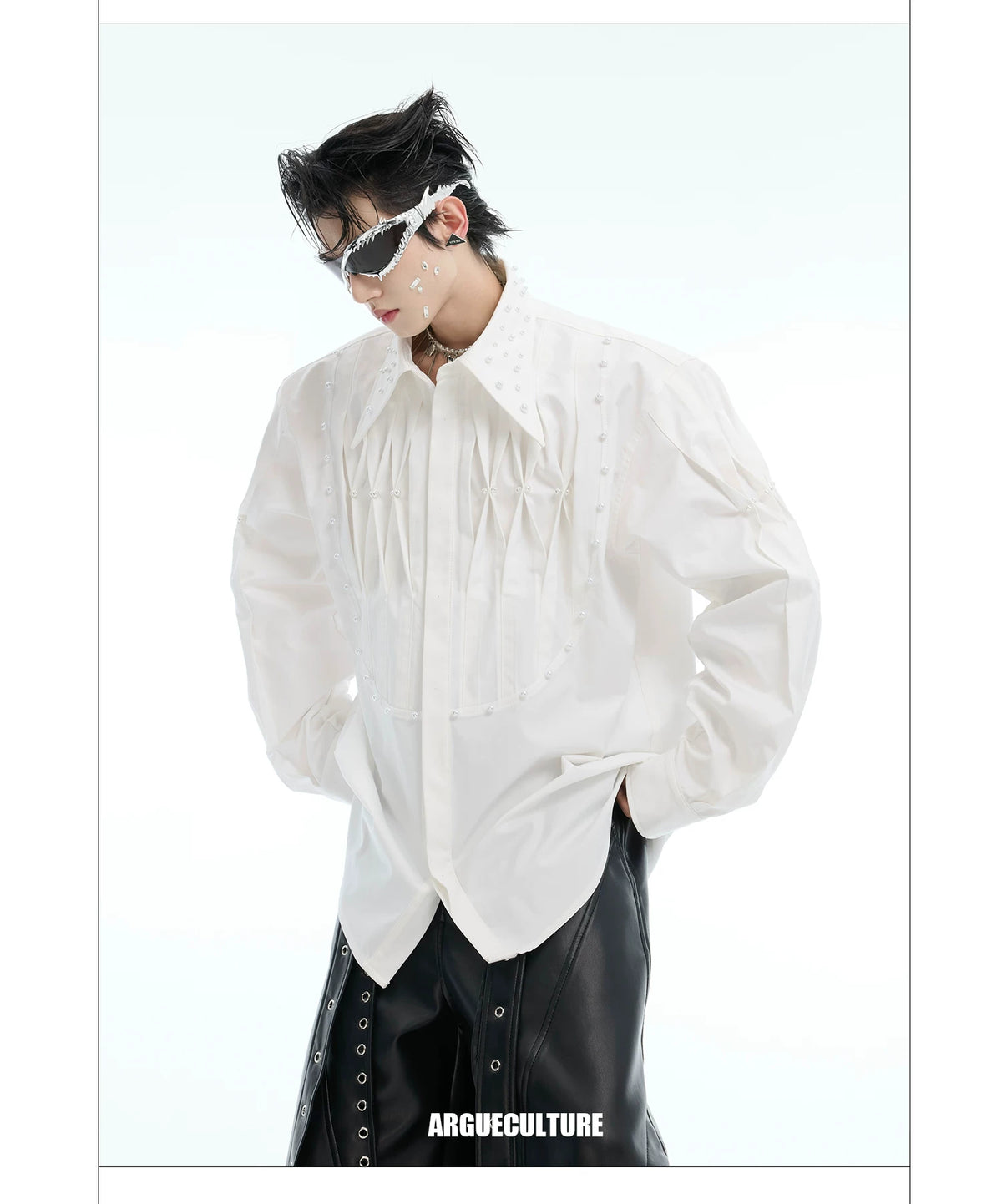 Pleated Pearl-Embellished Long-Sleeve Unisex Shirt - detail image 8