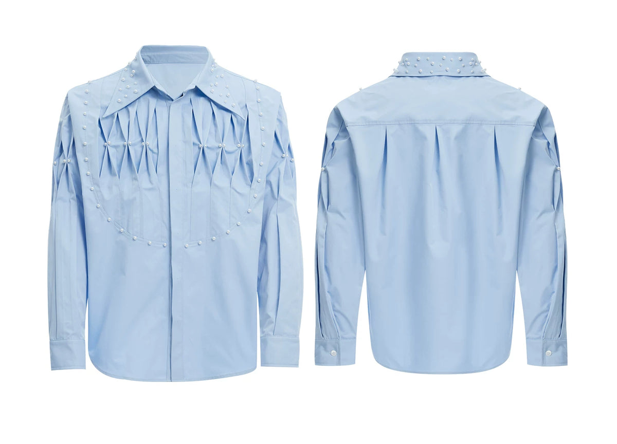 Pleated Pearl-Embellished Long-Sleeve Unisex Shirt - detail image 13