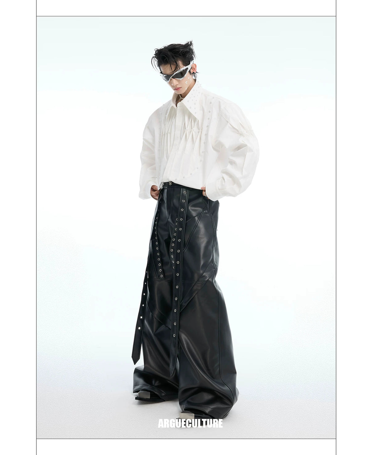 Pleated Pearl-Embellished Long-Sleeve Unisex Shirt - detail image 12