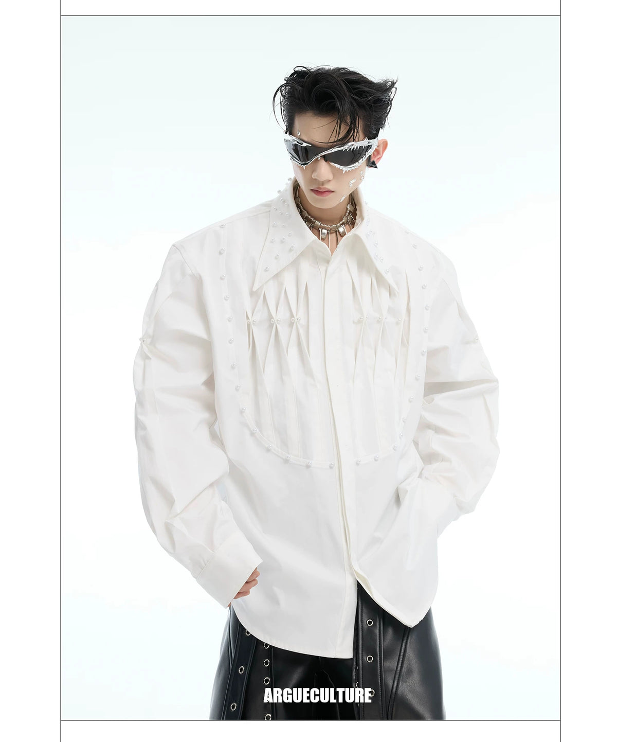Pleated Pearl-Embellished Long-Sleeve Unisex Shirt - detail image 10
