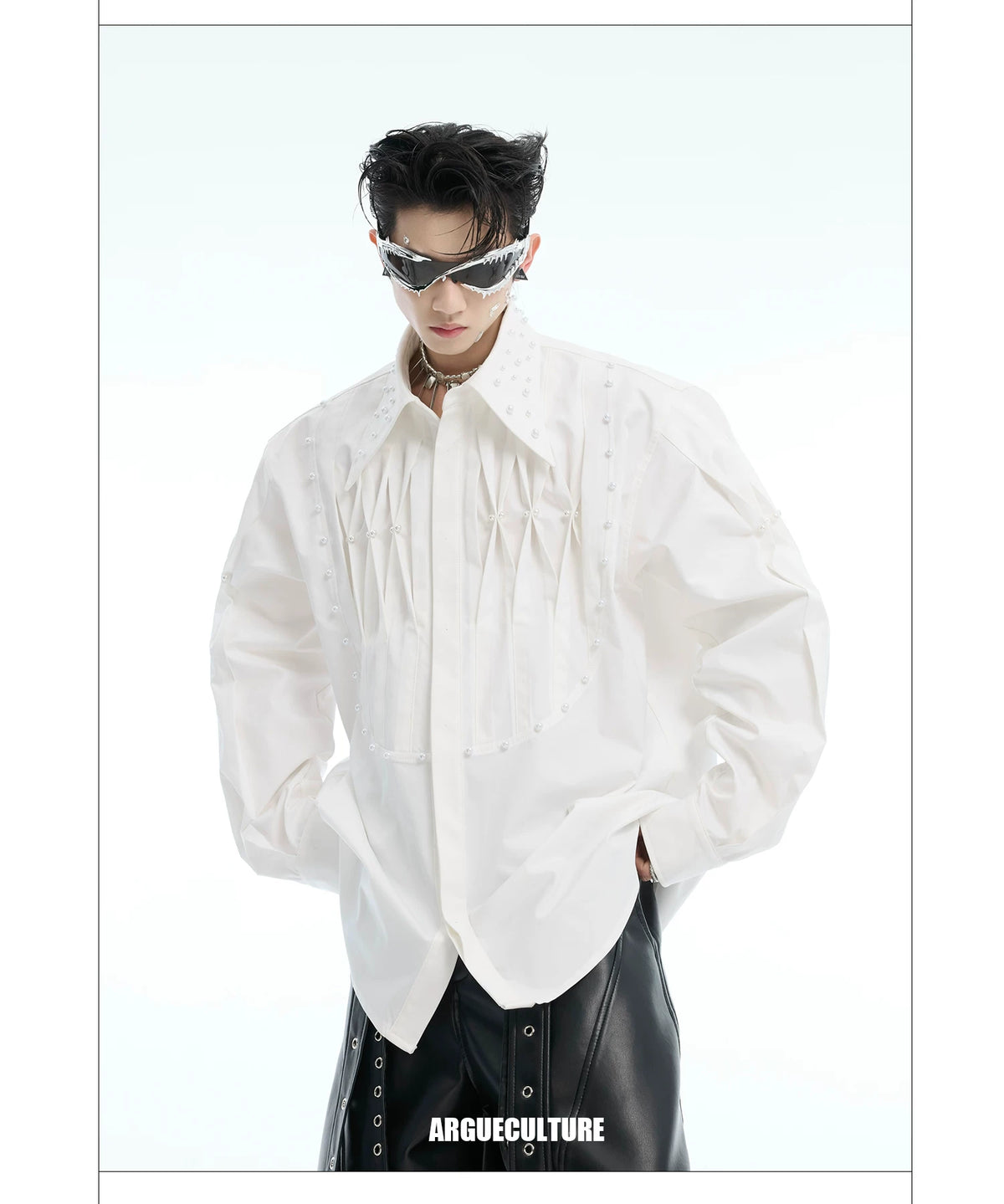 Pleated Pearl-Embellished Long-Sleeve Unisex Shirt - detail image 9