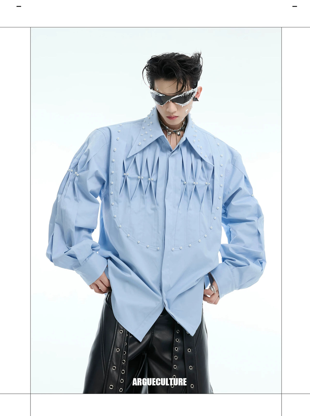 Pleated Pearl-Embellished Long-Sleeve Unisex Shirt - detail image 1