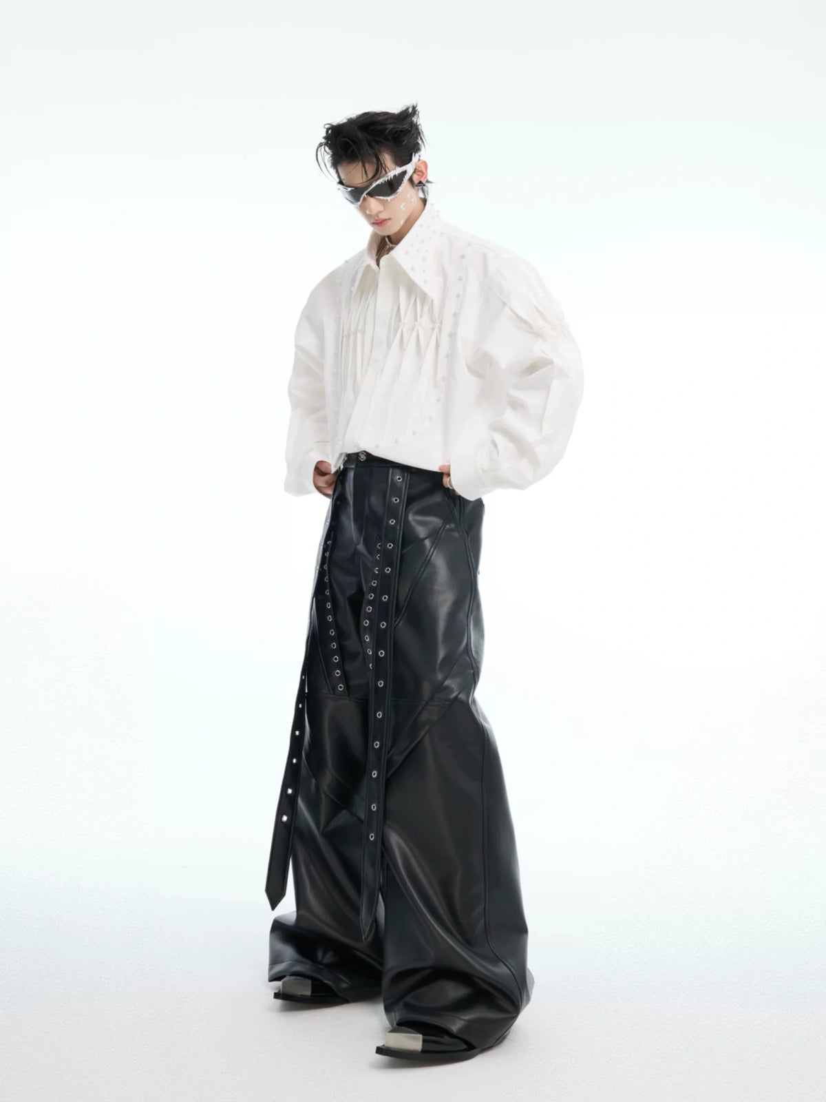 Pleated Pearl-Embellished Long-Sleeve Unisex Shirt - main image 3