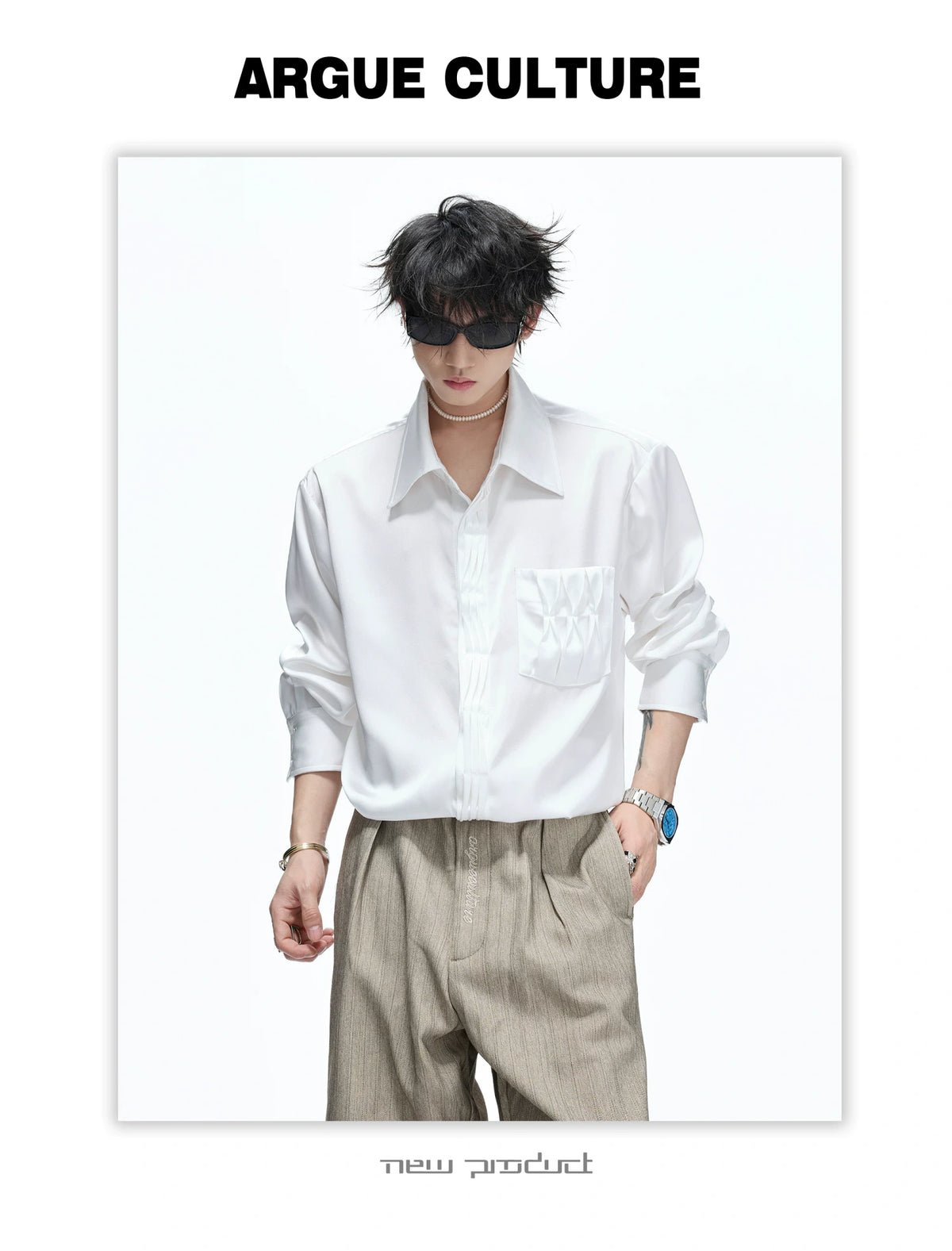 Pleated Satin-Finish Long-Sleeve Shirt in Blue & White - detail image 11