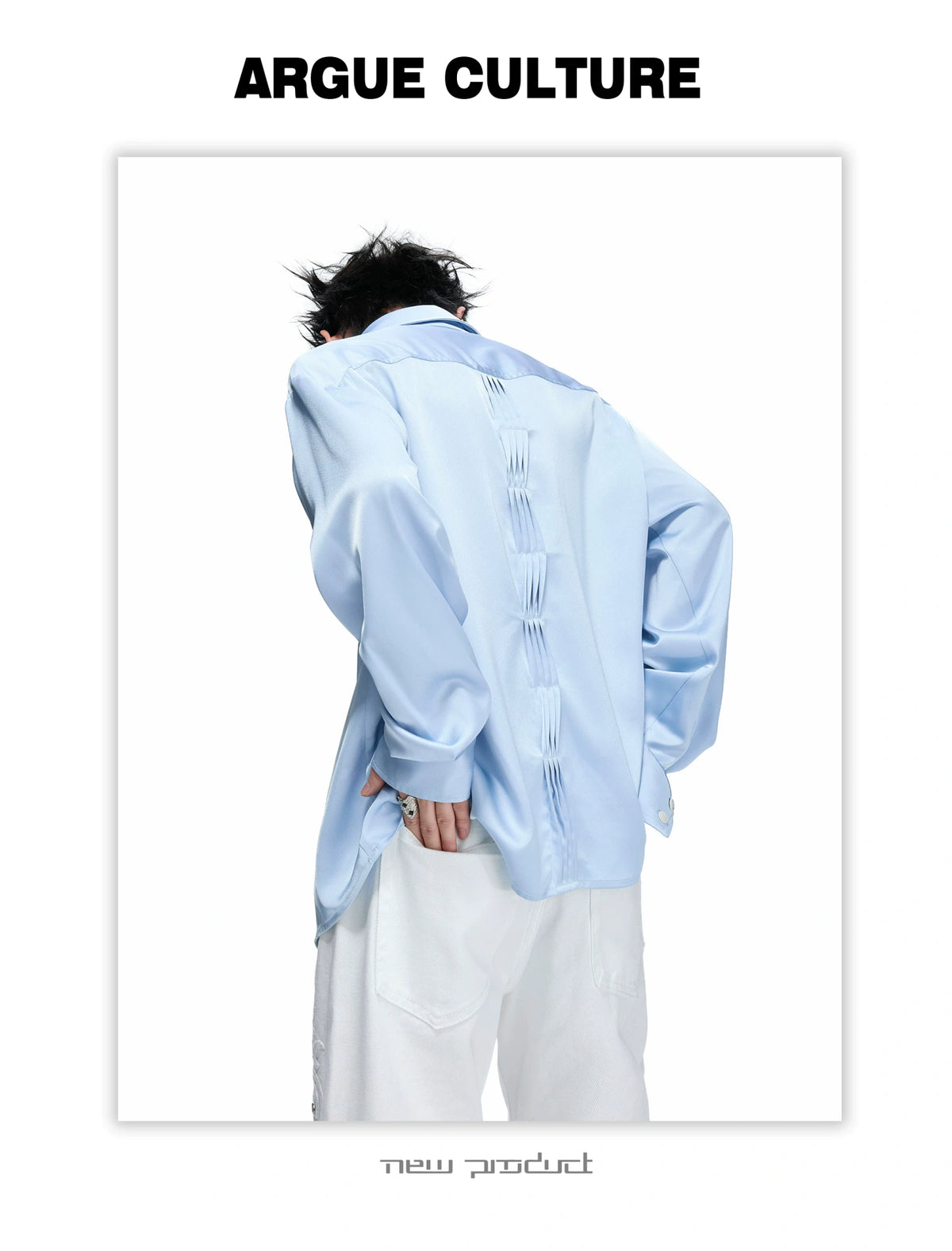 Pleated Satin-Finish Long-Sleeve Shirt in Blue & White - detail image 13