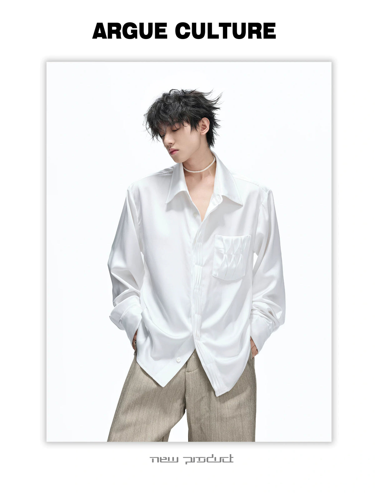 Pleated Satin-Finish Long-Sleeve Shirt in Blue & White - detail image 12