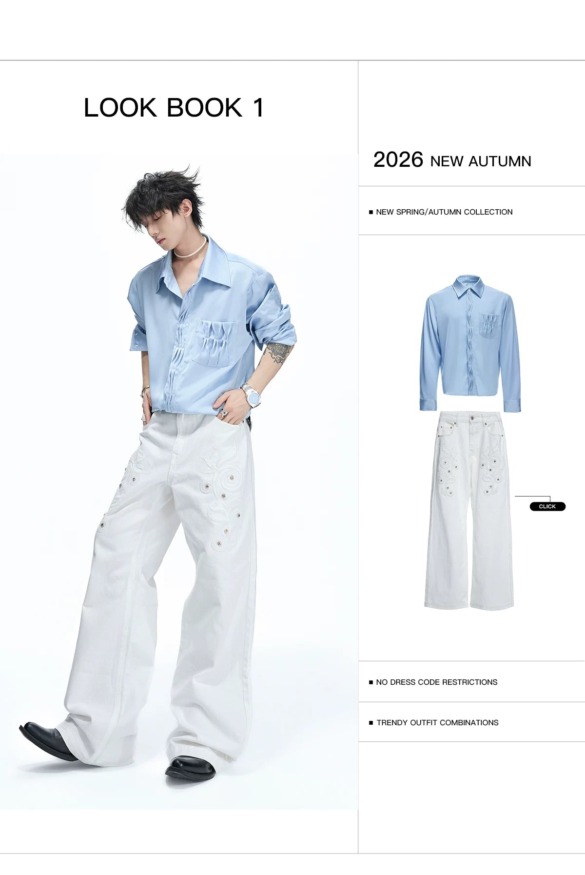 Pleated Satin-Finish Long-Sleeve Shirt in Blue & White - detail image 4