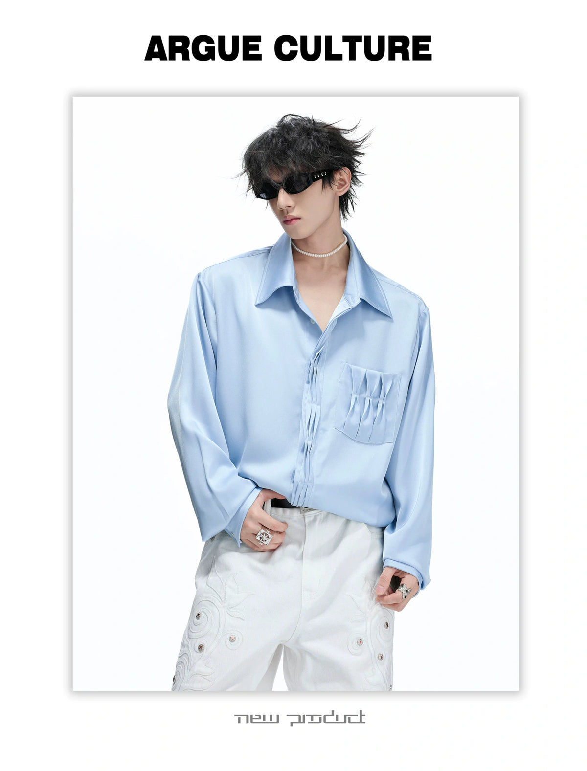 Pleated Satin-Finish Long-Sleeve Shirt in Blue & White - detail image 5