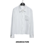 Pleated Satin-Finish Long-Sleeve Shirt in Blue & White - White