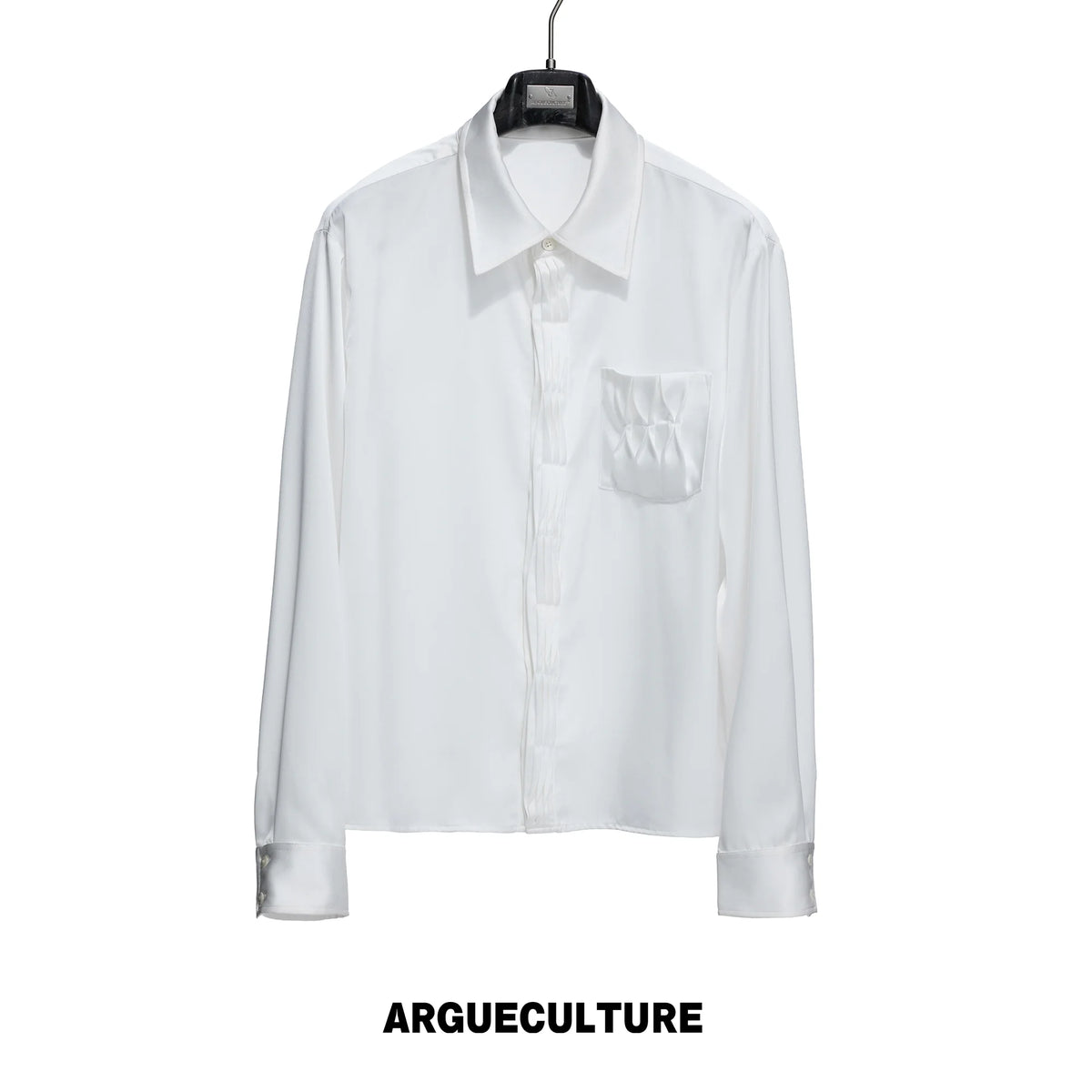 Pleated Satin-Finish Long-Sleeve Shirt in Blue & White - White