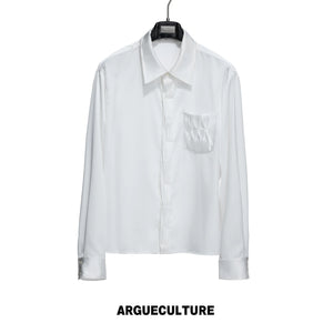 Pleated Satin-Finish Long-Sleeve Shirt in Blue & White - White