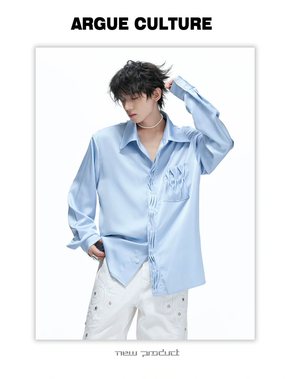 Pleated Satin-Finish Long-Sleeve Shirt in Blue & White - detail image 10