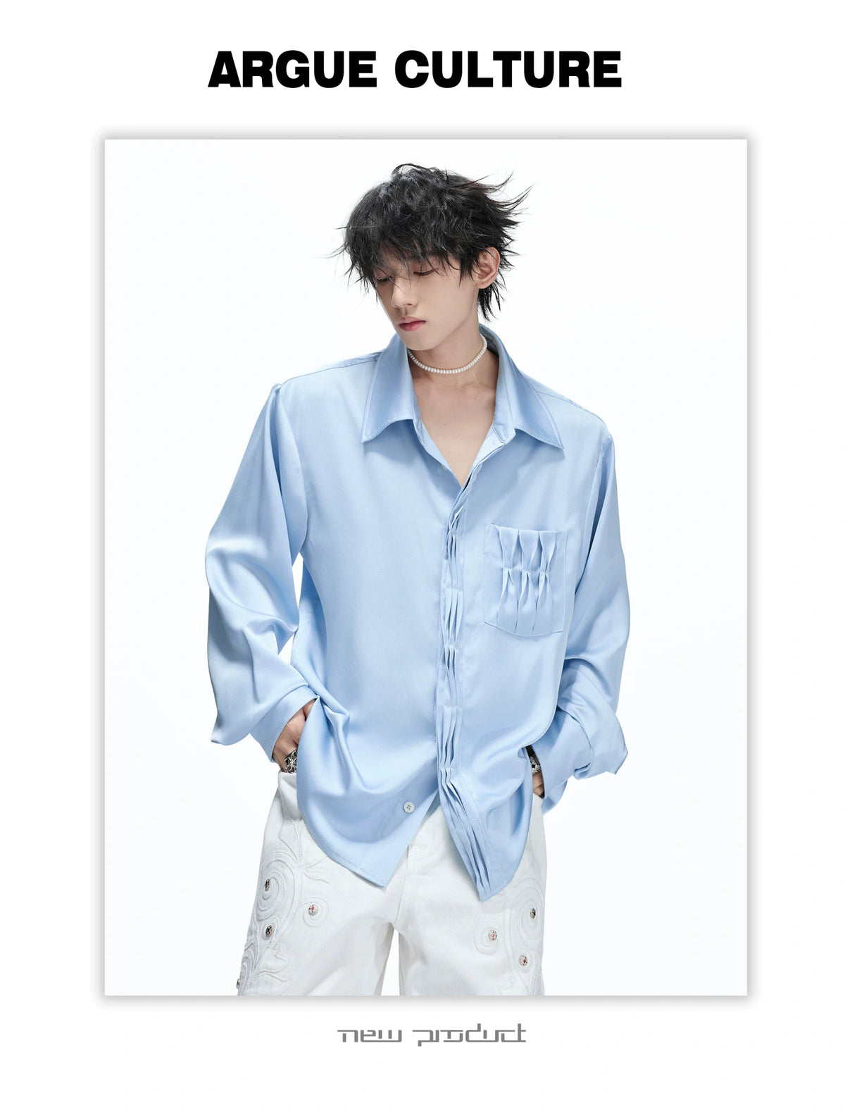 Pleated Satin-Finish Long-Sleeve Shirt in Blue & White - detail image 14