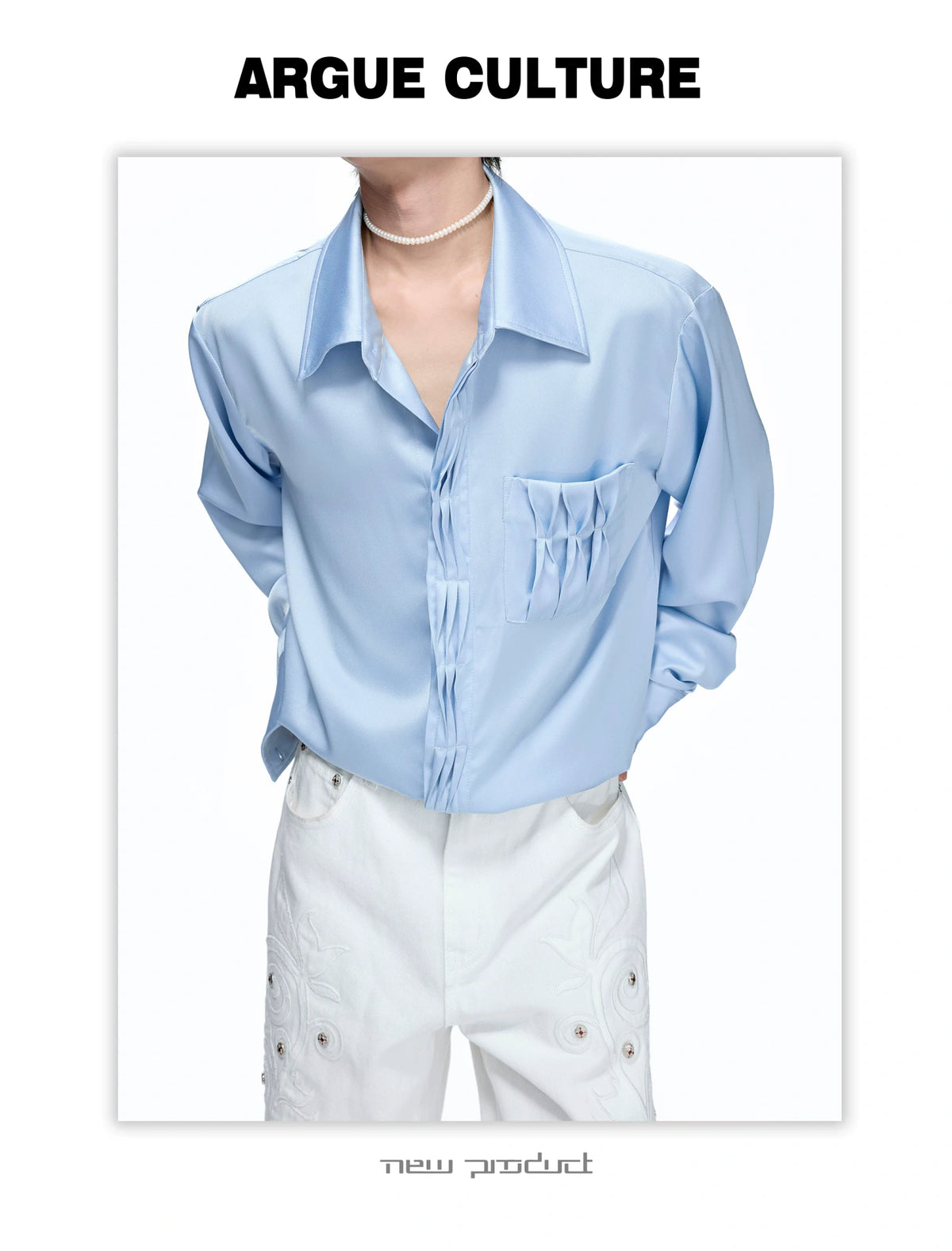 Pleated Satin-Finish Long-Sleeve Shirt in Blue & White - detail image 8