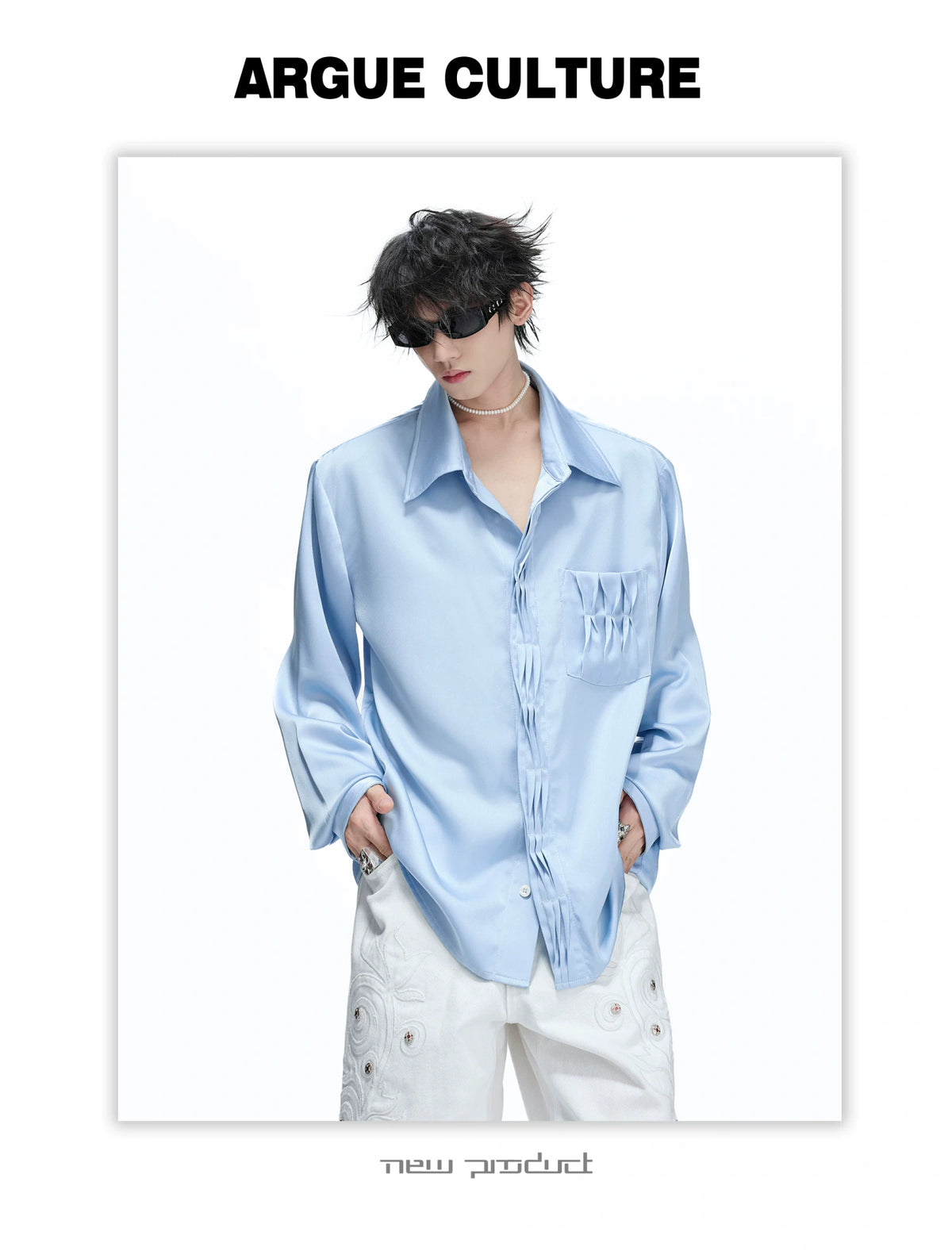 Pleated Satin-Finish Long-Sleeve Shirt in Blue & White - detail image 6