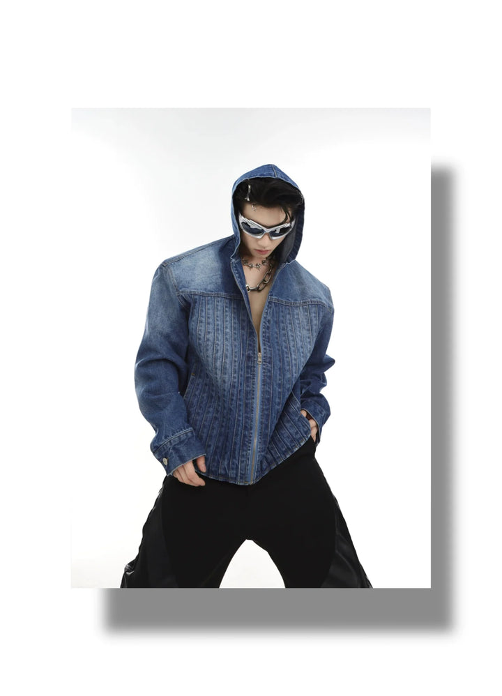 Pleated Wash Hooded Denim Jacket | Padded Shoulder Structured Top for Fashion - ArguE CulturE