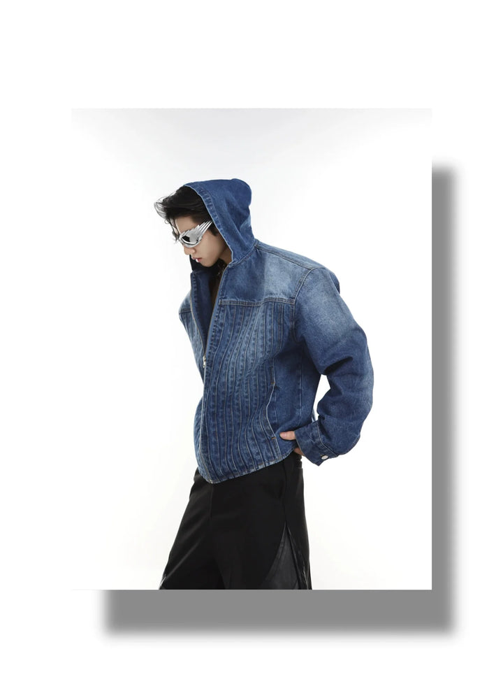 Pleated Wash Hooded Denim Jacket | Padded Shoulder Structured Top for Fashion - ArguE CulturE