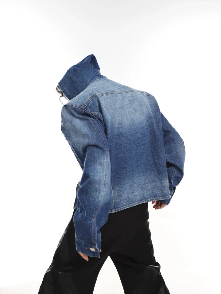 Pleated Wash Hooded Denim Jacket | Padded Shoulder Structured Top for Fashion - ArguE CulturE