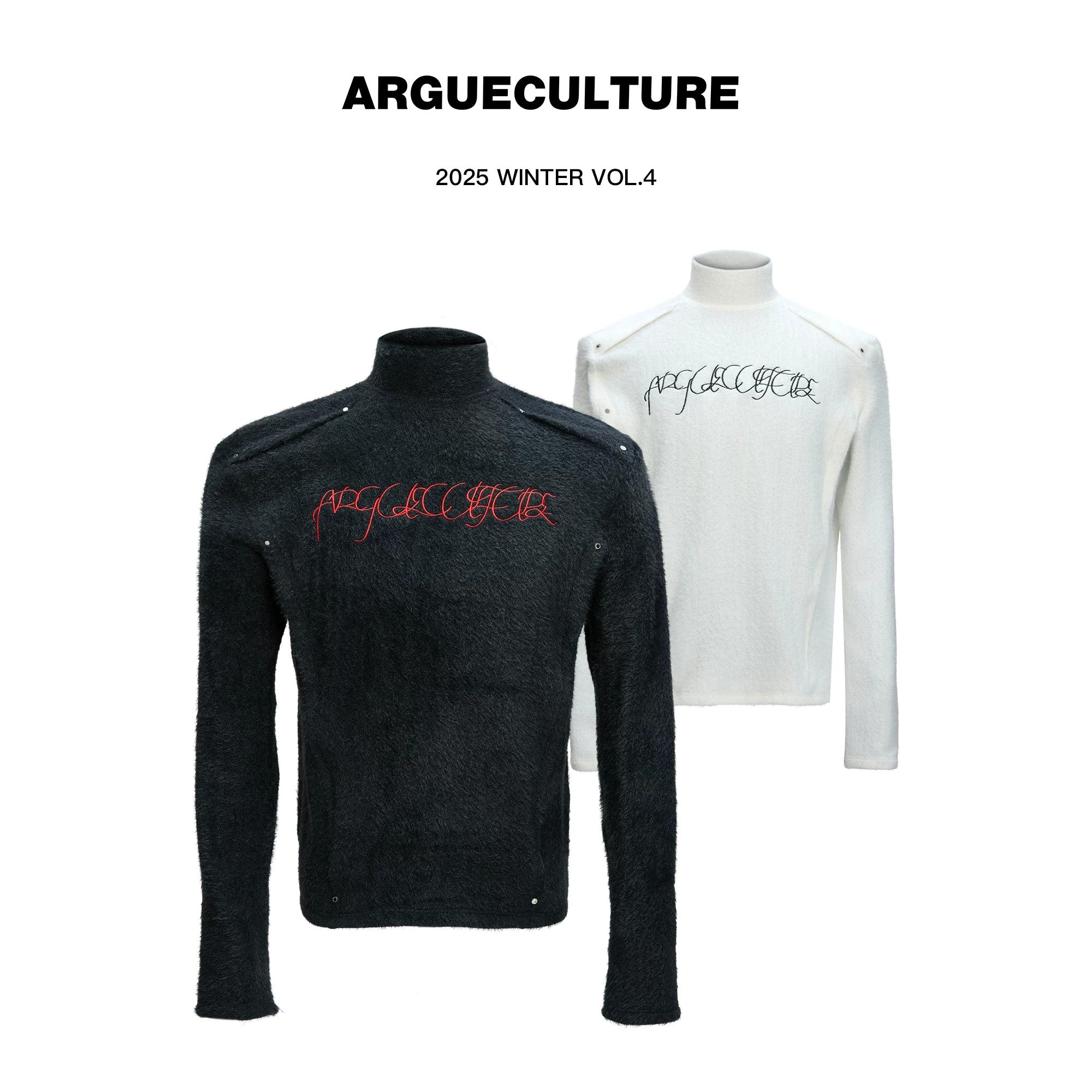 Front view of black plush mock neck deconstructed long sleeve tee