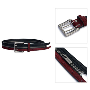 Close up of pony hair leather belt with double zipper design and titanium buckle