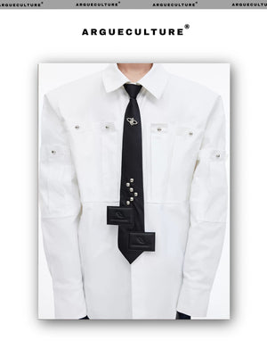 desc::pre-tied-streetwear-tie-with-metal-logo-leather-patch-detail-img-2