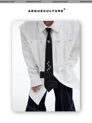 desc::pre-tied-streetwear-tie-with-metal-logo-leather-patch-detail-img-6