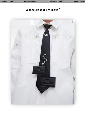 desc::pre-tied-streetwear-tie-with-metal-logo-leather-patch-detail-img-7