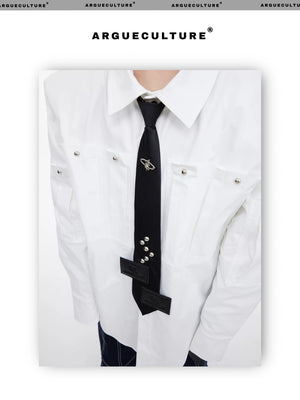 desc::pre-tied-streetwear-tie-with-metal-logo-leather-patch-detail-img-9