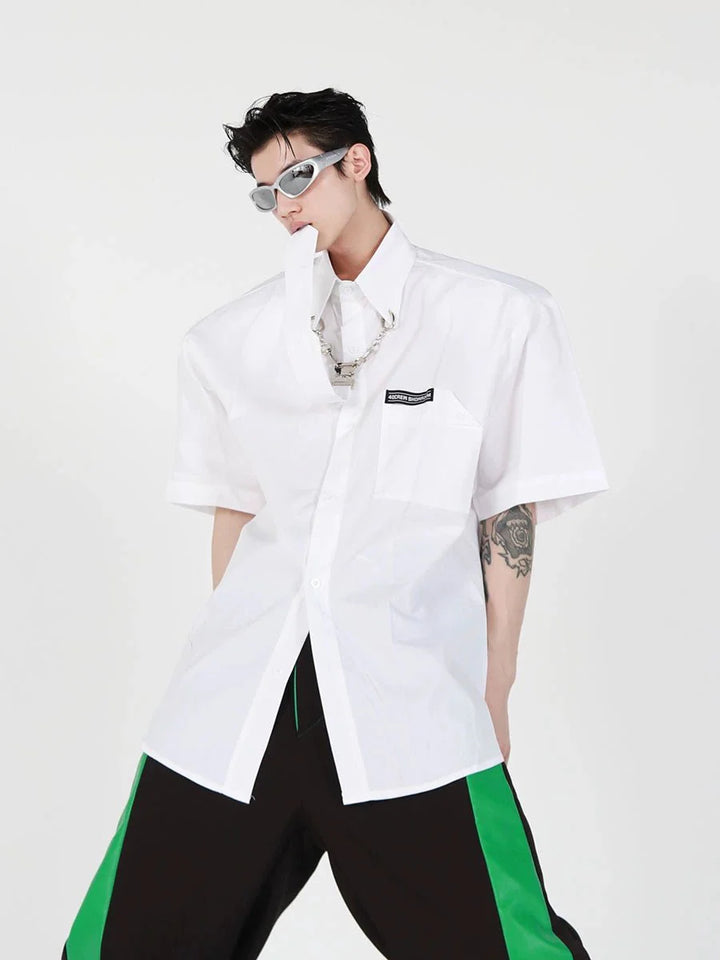 Preppy Loose Fit Short - Sleeve Cotton Shirt with Removable Metal Tie Clasp - ArguE CulturE