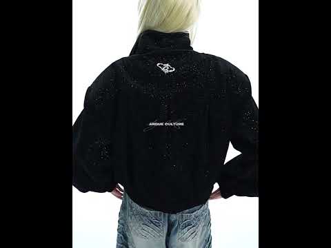 360-degree video showcasing the cropped glitter jacket's unique snake-zipper design and metallic streetwear appeal
