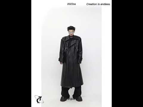 360-degree video showcasing the avant-garde design and premium features of this PU leather trench coat