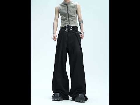 360-degree video showcasing the deconstructed pleated wide-leg trousers with spliced belt design
